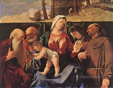 ロレンツォ・ロット Painting - 聖母子と聖ルネサンスのロレンツォ・ロット